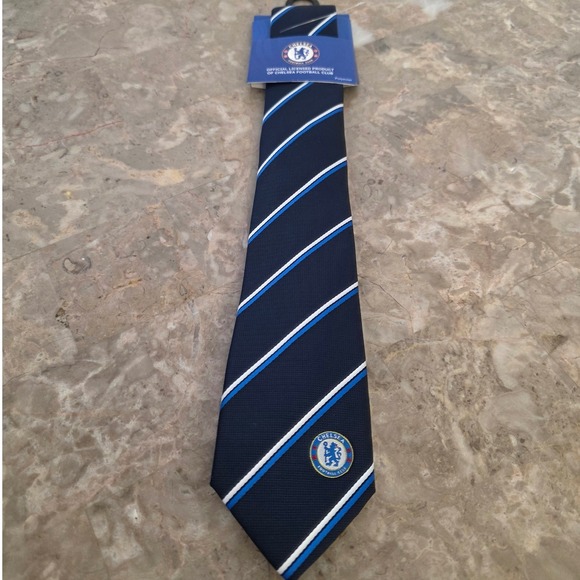 Chelsea Football Club Thin Stripe Tie Navy Blue White Soccer Gift Polyester - Picture 1 of 6